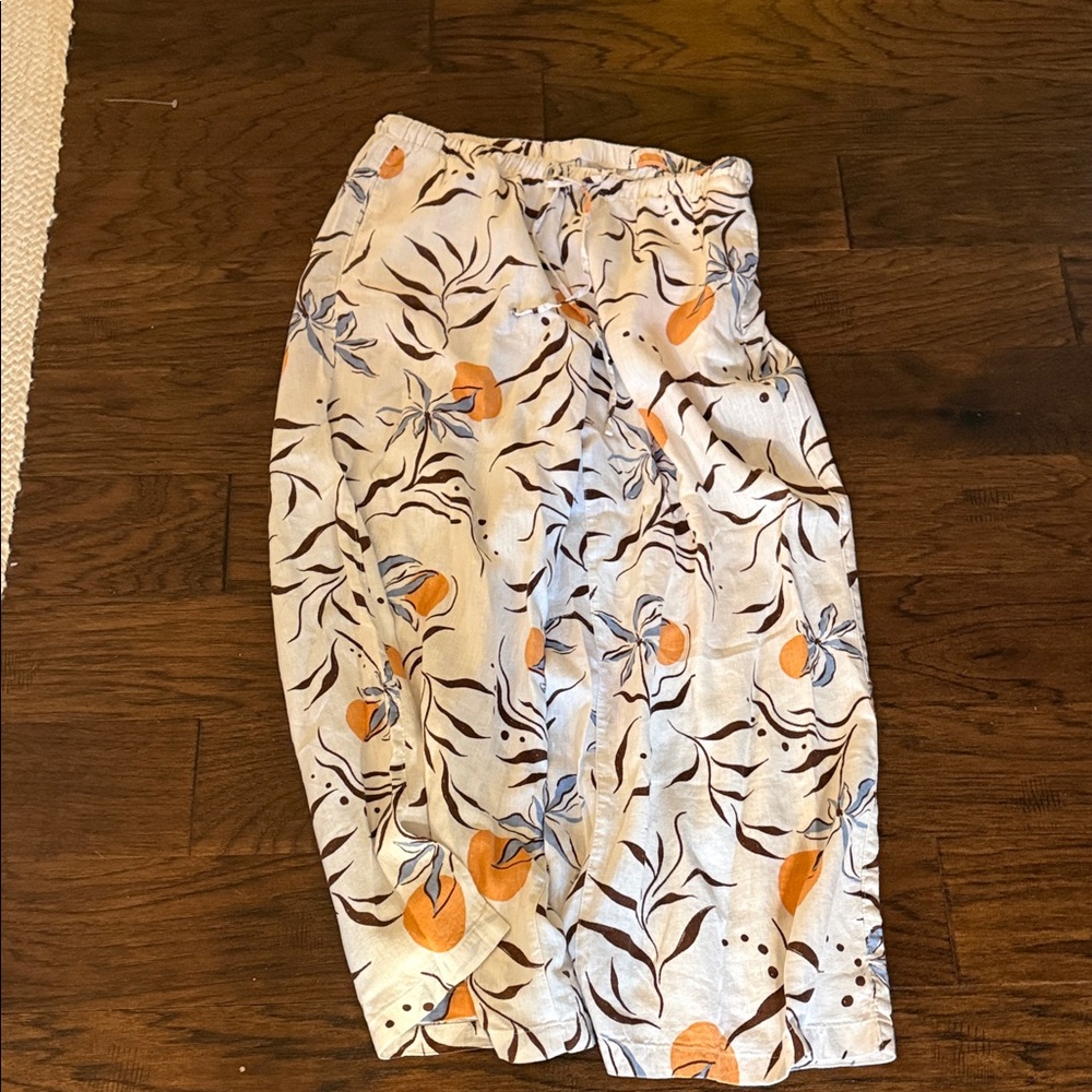 Calypso St. Barth Cream long linen pant  with Orange & Blue Botanical Print
